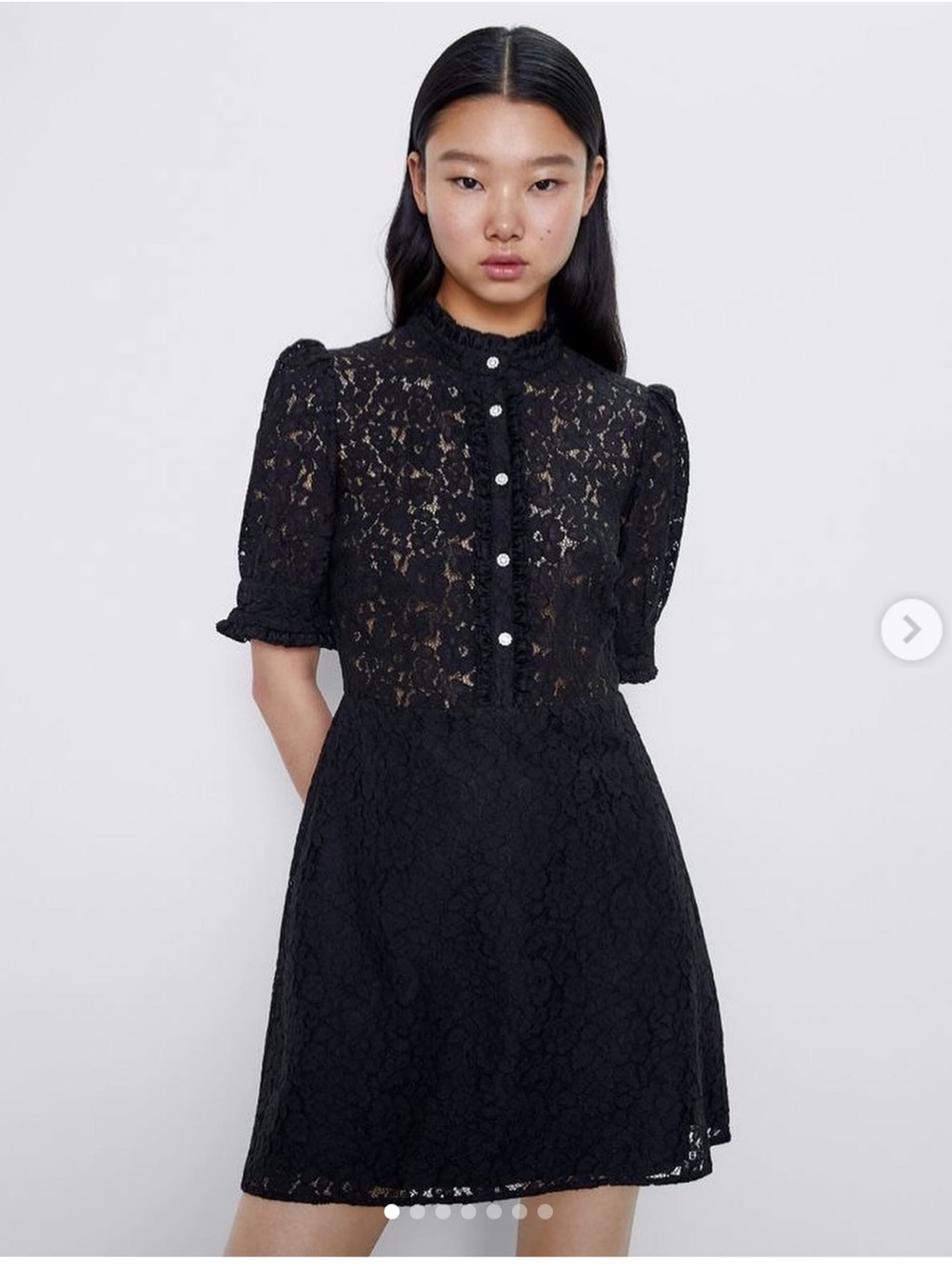 ZARA Black Lace Mini Dress with Sparkling Buttons & Puff Sleeves